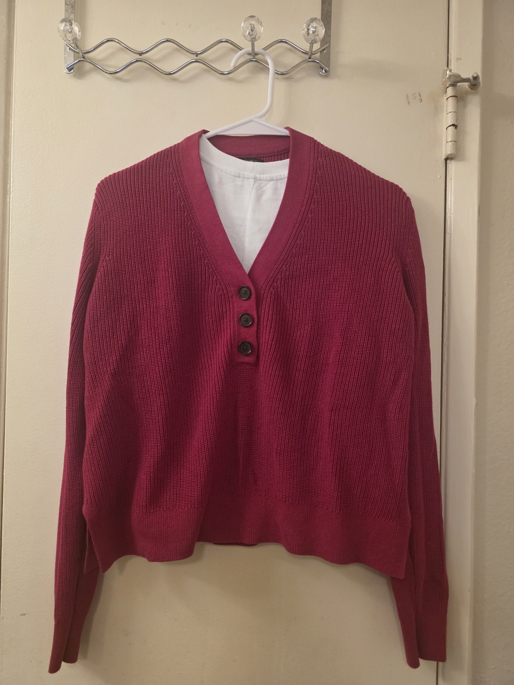 Banana Republic Ribbed V-Neck Button Pullover - Berry